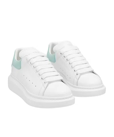 Alexander Mcqueen White Leather Sneakers With Sea Green Leather Heel In Animal Print