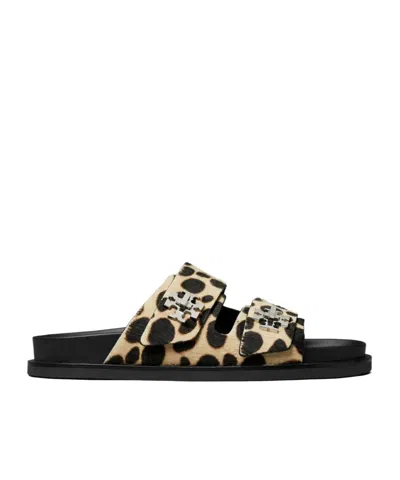Tory Burch Round Toe Double Strap Animal Print Sandals In Multi