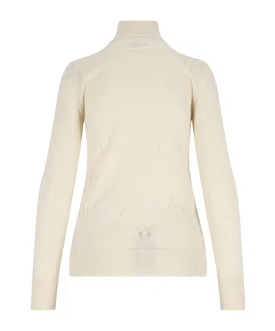 Mm6 Maison Margiela Distressed Crewneck Knitwear With Ribbed Finish In White