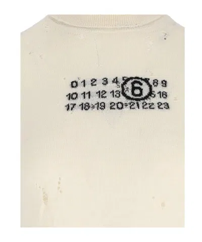 Mm6 Maison Margiela Distressed Crewneck Knitwear With Ribbed Finish In White