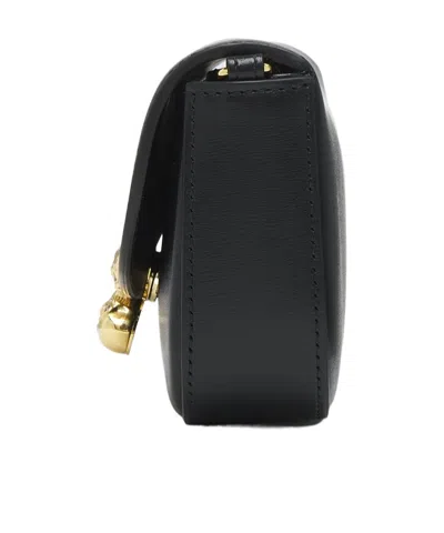 Alexander Mcqueen Black Leather Skull Flower Small Shoulder Bag In Animal Print