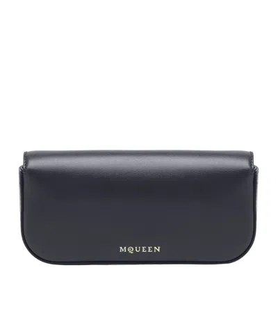 Alexander Mcqueen Black Leather Skull Flower Small Shoulder Bag In Animal Print