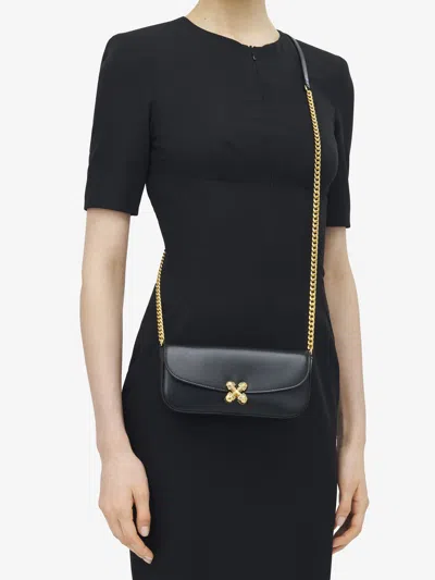 Alexander Mcqueen Black Leather Skull Flower Small Shoulder Bag In Animal Print