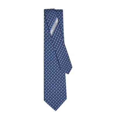 Ferragamo All-over Feline Print Silk Tie In Blue