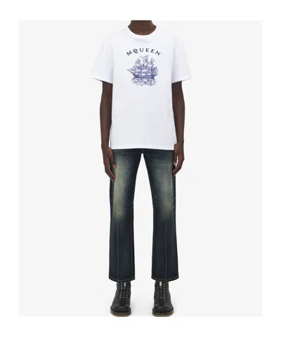 Alexander Mcqueen White Crewneck T-shirt With Logo Print On The Front In Cotton Man