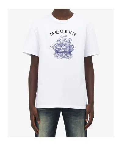 Alexander Mcqueen White Crewneck T-shirt With Logo Print On The Front In Cotton Man