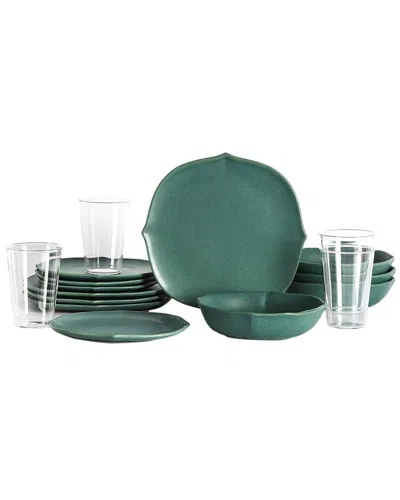 Stone Lain Baskerville 16pc Stoneware Dinnerware Set With Borosilicate Glass In Green