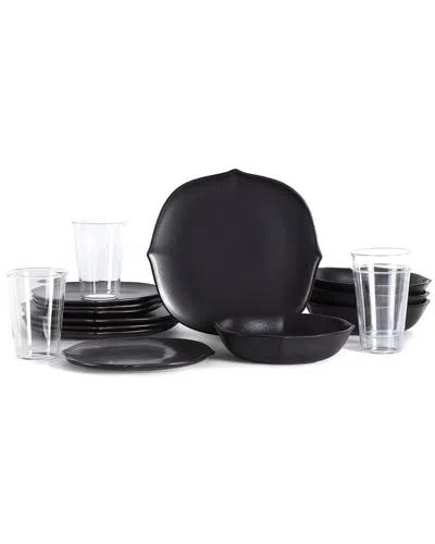 Stone Lain Baskerville 16pc Stoneware Dinnerware Set With Borosilicate Glass In Black