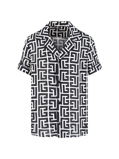 Balmain Monogram Printed Short-sleeved Shirt In Black
