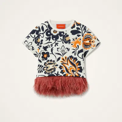 La Doublej La Scala Feather-trimmed Floral-print T-shirt In Blue