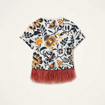 La Doublej La Scala Feather-trimmed Floral-print T-shirt In Blue