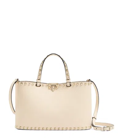 Valentino Garavani Rockstud Small Shopping Bag In Grainy Calfskin In White