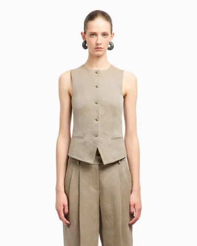 Giorgio Armani Single-breasted Waistcoat In Hemp, Viscose And Cotton Cavalry In Neutral
