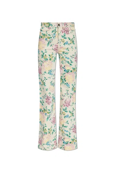 Chloé Women Flare Denim Jeans With All-over Flowers Print In Multi