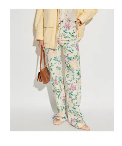 Chloé Women Flare Denim Jeans With All-over Flowers Print In Multi