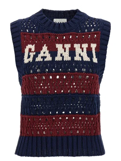 Ganni Striped Openwork Vest With Logo Inlay In Multi