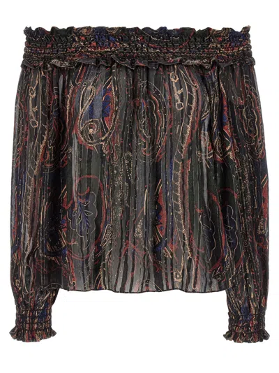 Saint Laurent Smocked Off-the-shoulder Blouse Ruffled Neckline In Brown