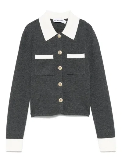 Self-portrait Fitted Grey Knit Sweater With Button-down Front In Gray