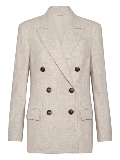 Brunello Cucinelli Double-breasted Jacket With Luxurious Cotton-wool Blend And Elegant Detailing In Neutral