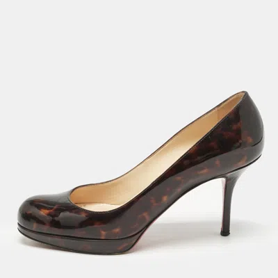 Pre-owned Christian Louboutin Brown Tortoise Shell Patent Leather Simple Round Toe Pumps Size 36.5