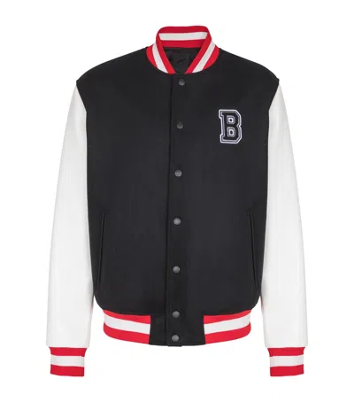 Balmain Wool And Eco-leather Varsity Jacket With Patch In Black