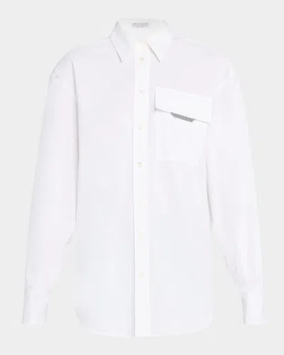 Brunello Cucinelli Classic White Shirt With Pointed Collar And Modern Mesh Detail In White