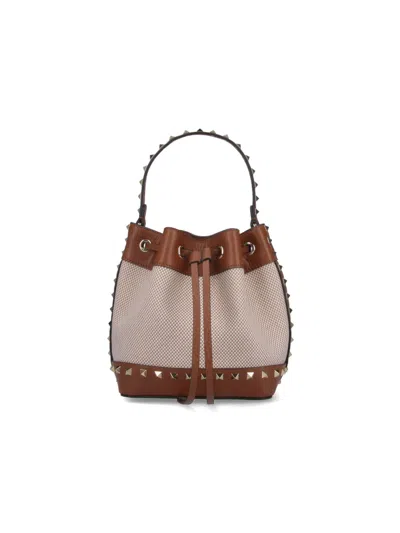 Valentino Garavani Rockstud Spike Canvas And Leather Shoulder Bag In Brown