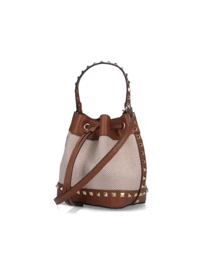 Valentino Garavani Rockstud Spike Canvas And Leather Shoulder Bag In Brown