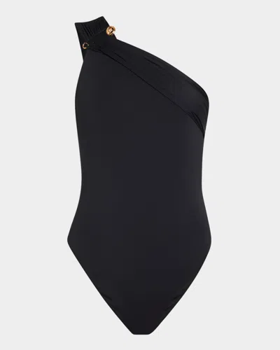 Versace Safety Pin Gathered One-piece Swimsuit In Black