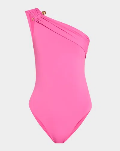 Versace Medusa Safety Pin Asymmetric One-piece Swimsuit In Pink