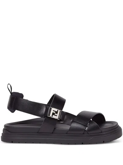 Fendi Ff Leather Sandals In Black