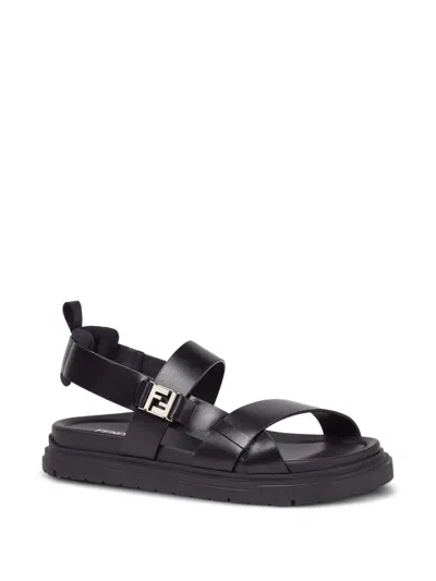 Fendi Ff Leather Sandals In Black
