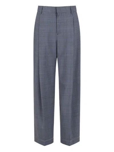 Marni Checked Wide-leg Trousers With Front Pleats And Concealed Zip In Blue