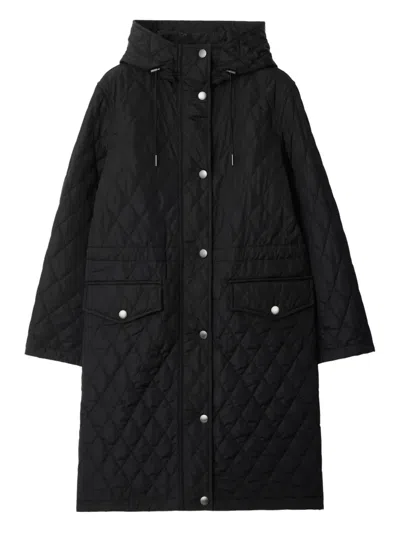 Burberry Hillgate Quilted Long Hooded Jacket In Black