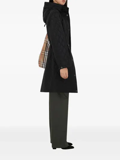 Burberry Hillgate Quilted Long Hooded Jacket In Black