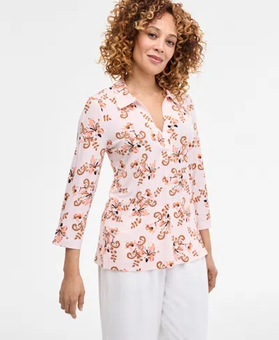 Jm Collection Women's Printed Collared 3/4-sleeve Top, Exclusively At Macy's In Multi
