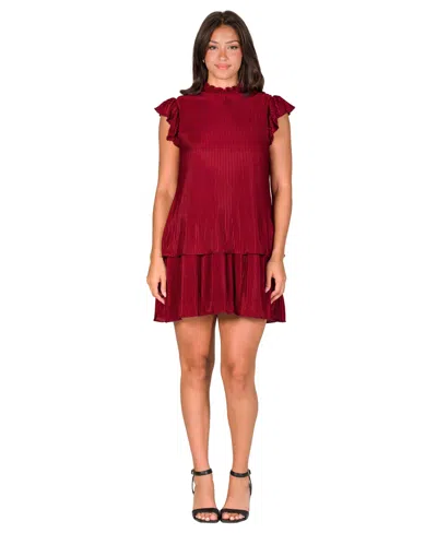 24seven Comfort Apparel Petite Ruffle Cap Sleeve Pleated Tiered Mini Dress In Brown