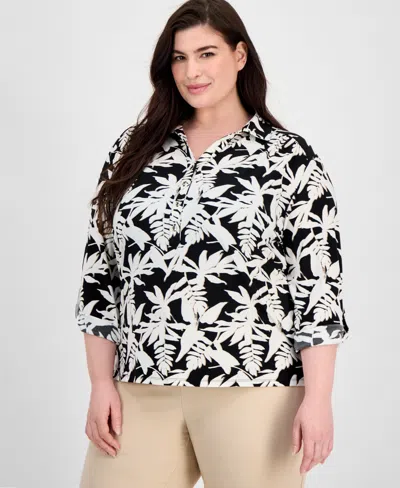 Ak Anne Klein Plus Size Button Roll-tab Printed Blouse