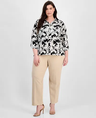 Ak Anne Klein Plus Size Button Roll-tab Printed Blouse