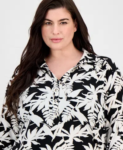 Ak Anne Klein Plus Size Button Roll-tab Printed Blouse
