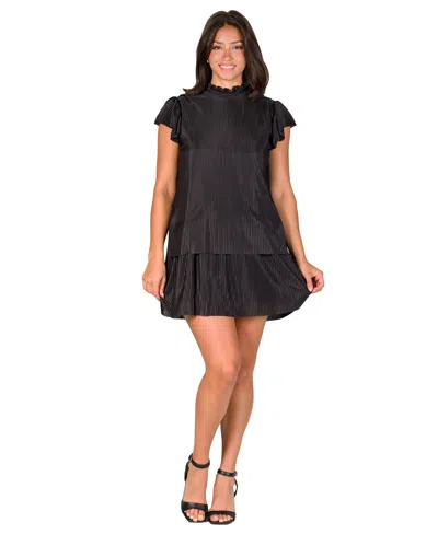 24seven Comfort Apparel Petites Ruffle Cap Sleeve High Neck Pleated Tiered Mini Dress In Black