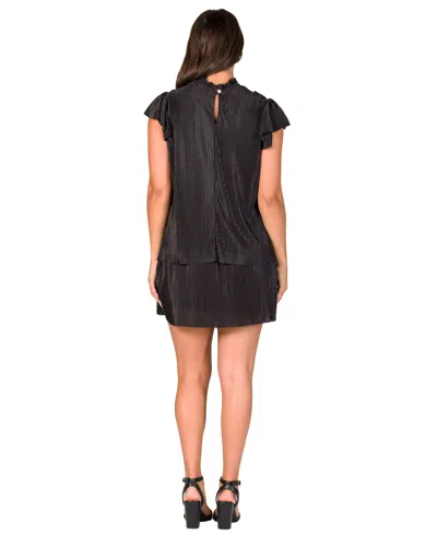 24seven Comfort Apparel Petites Ruffle Cap Sleeve High Neck Pleated Tiered Mini Dress In Black