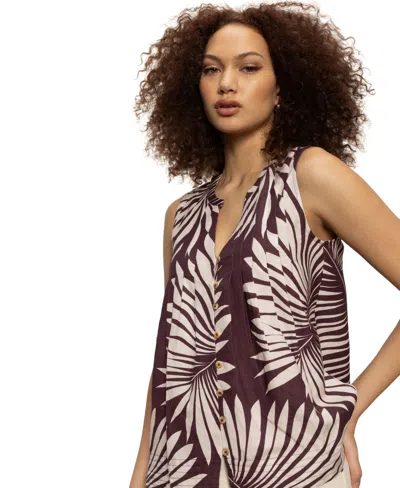 Sanctuary The Harmony Palm Pintuck Pleat Linen Blend Tank In Purple