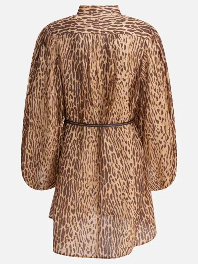 Zimmermann Cascadian Beige Tunic Dress With Stand-up Collar And All-over Leopard Print In Linen Woman