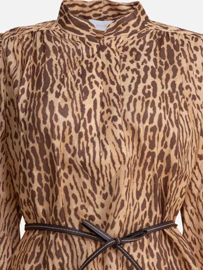 Zimmermann Cascadian Beige Tunic Dress With Stand-up Collar And All-over Leopard Print In Linen Woman