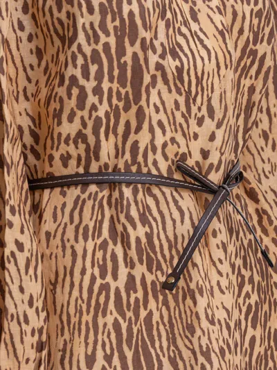 Zimmermann Cascadian Beige Tunic Dress With Stand-up Collar And All-over Leopard Print In Linen Woman