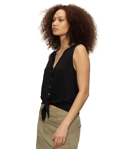 Sanctuary Notched Button Front Tee In Black