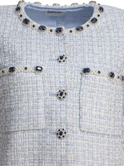 Self-portrait Rhinestone-embellished Tweed Jacket In Blue