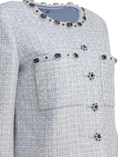 Self-portrait Rhinestone-embellished Tweed Jacket In Blue