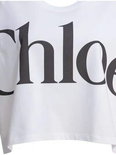 Chloé White Cropped T-shirt With Logo Lettering Print In Cotton Woman